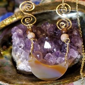 Agate Slice Moon Necklace with wire spirals